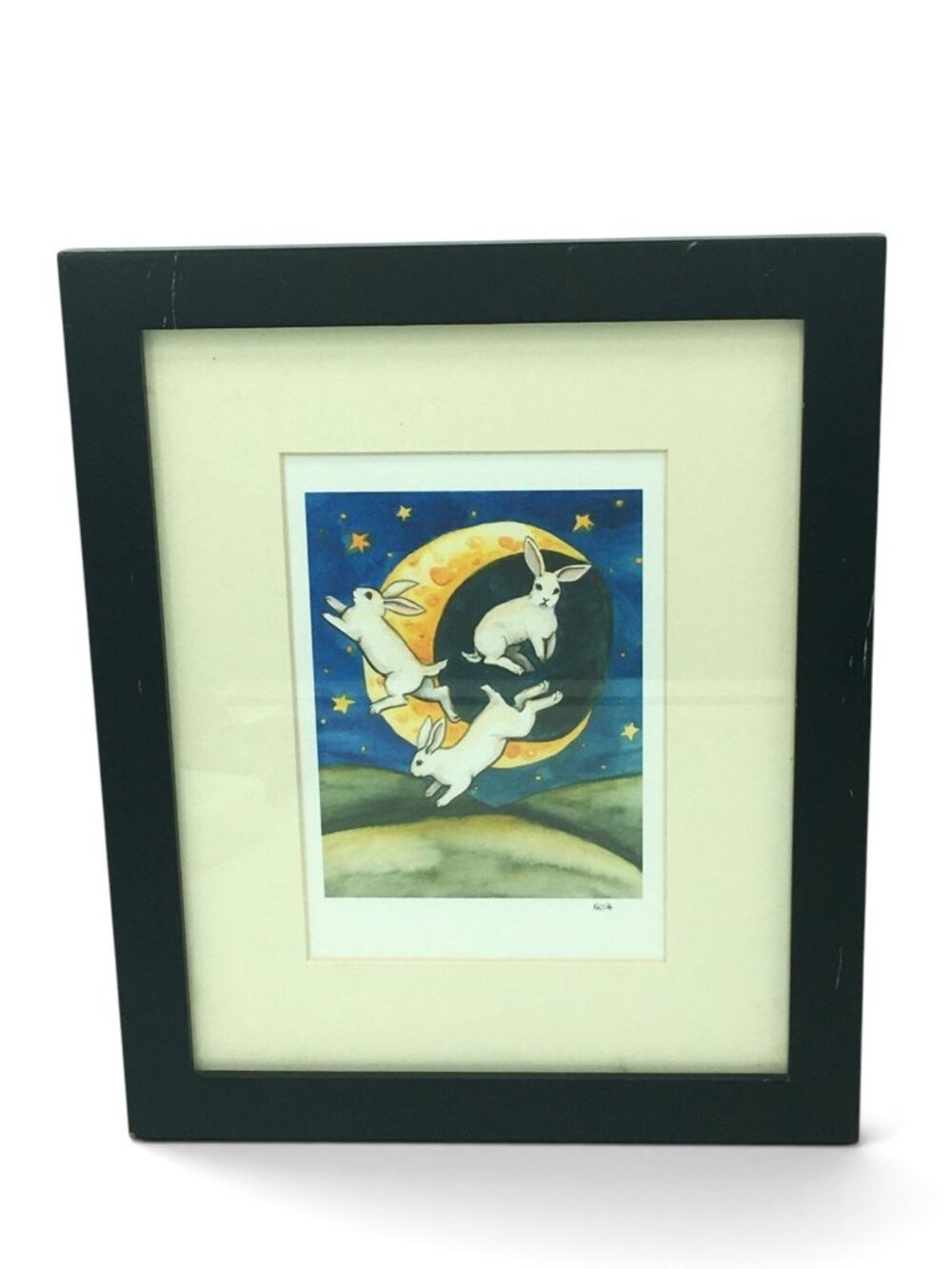 Signed Nakisha VanderHoeven Moon Bunny Rabbits Art Print Framed Whimsical